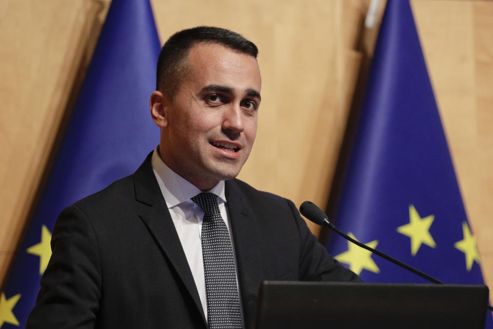 Five star movement leader and deputy Premier Luigi di Maio talks during a press conference, in Rome, Friday, Feb. 15, 2019. France is sending its ambassador Christian Masset back to Italy Friday following the biggest diplomatic dispute between the two countries since World War II after Italian Deputy Prime Minister Luigi Di Maio met with French yellow vest activists seeking to run for the European Parliament, causing France to recall the ambassador to protest perceived Italian meddling in French domestic politics. (AP Photo/Andrew Medichini)