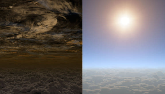 This artist's illustration shows what the skies may look like on different alien planets. On the left is a cloudy planet, while on the right is a planet with clear skies that may resemble the sky of exoplanet HAT-P-11b, a Neptune-size world tho