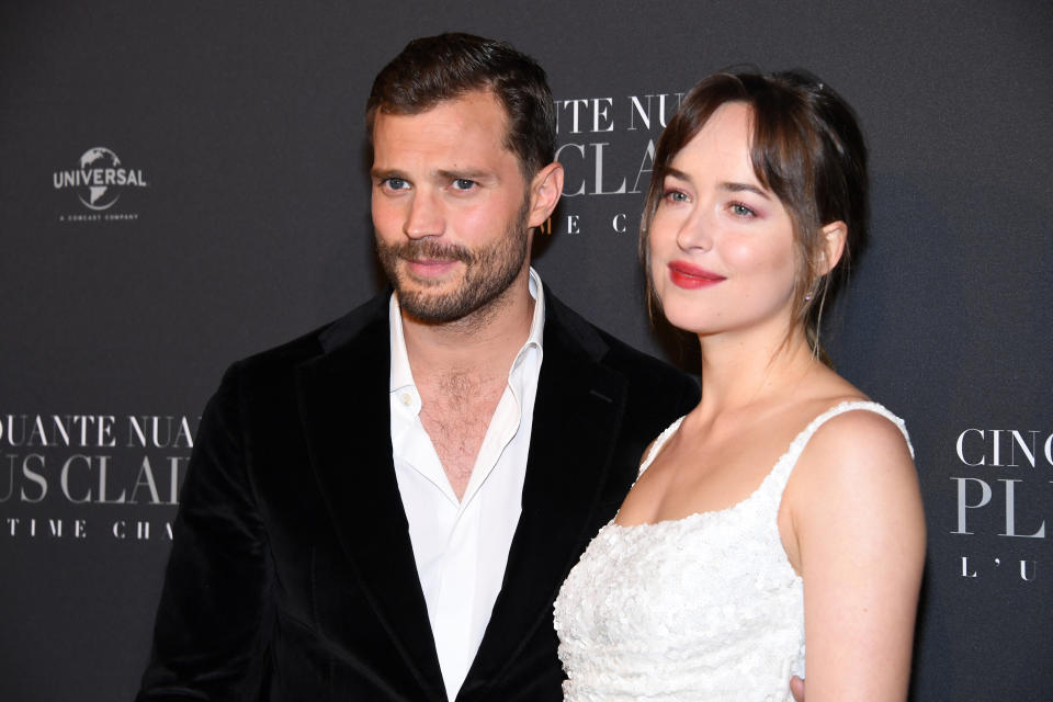 closeup of dakota and jamie at the movie premiere