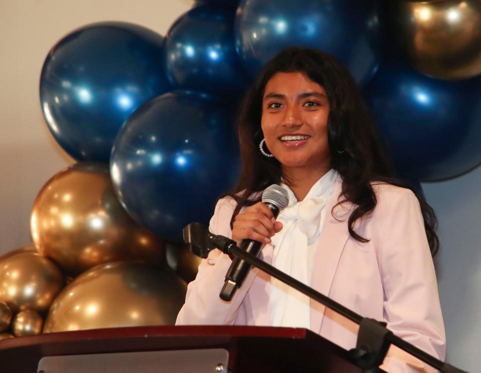 Frida Arriaga of Shadow Hills High School speaks during a Greater Coachella Valley Student of the Year event at The Classic Club in Palm Desert on April 30, 2024.