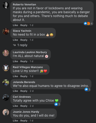 A screenshot of Facebook users' comments on Chloe Lattanzi's Facebook post in which she claimed she "doesn't agree with vaccines"