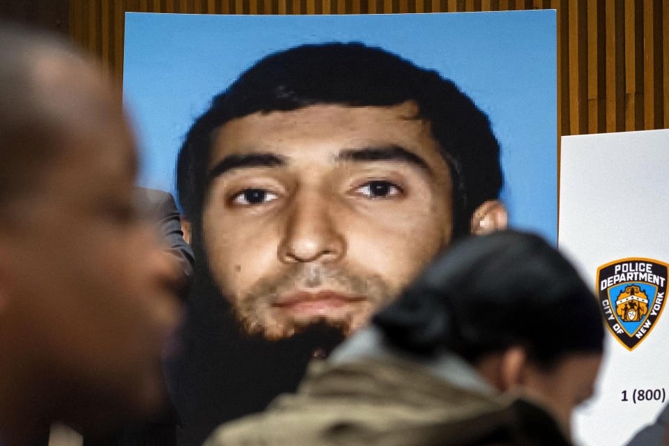 FILE - This Nov. 1, 2017 file photo shows Sayfullo Saipov displayed at a news conference at One Police Plaza, in New York. A federal judge barred the general public and media from a courtroom Tuesday, Feb. 21, 2023, where defense lawyers claim emotional testimony from victims has spoiled the death penalty phase of the trial of Saipov who admits that he killed eight people on a bike path on behalf of a terrorist group. (AP Photo/Craig Ruttle, File)