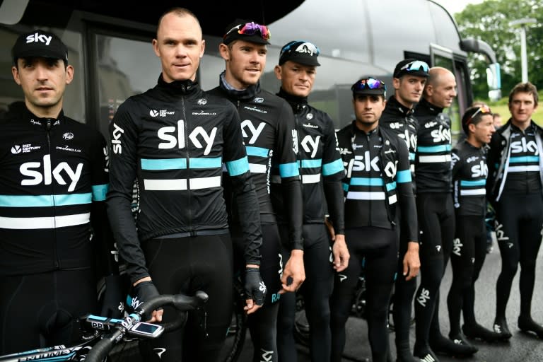 Britain's Sky team pose for a photo in Port-en-Bessin-Huppain on June 30, 2016, two days before the start of the 103rd edition of the Tour de France cycling race