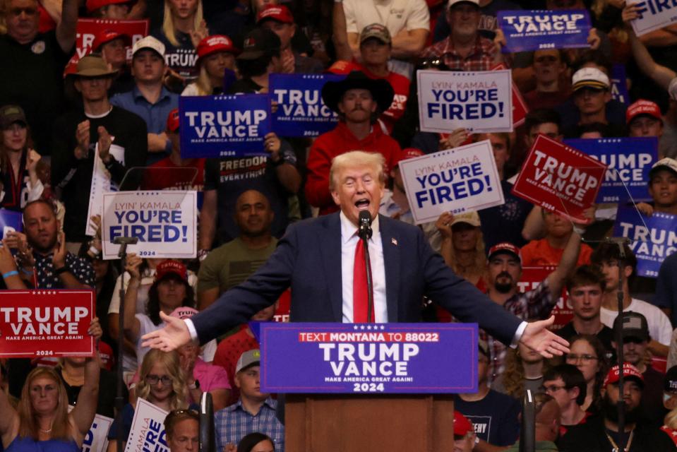 Republican presidential nominee and former U.S. President Donald Trump attends a campaign rally in Bozeman, Montana, U.S., August 9, 2024.