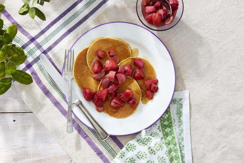 Ricotta Pancakes with Roasted Maple Rhubarb and Strawberries