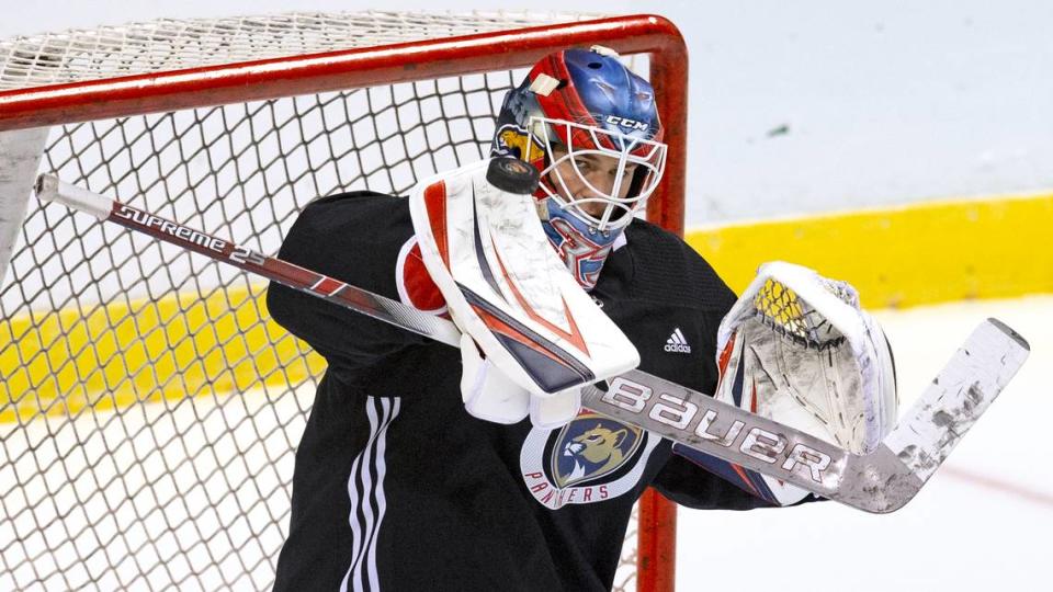 Florida Panthers goalie Sam Montembeault (33) blocks a shot during training camp in preparation for the 2021 NHL season at the BB&T Center on Sunday, January 10, 2021 in Sunrise.