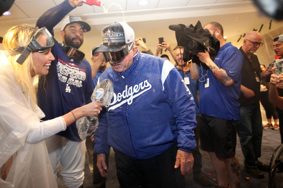 Tommy Lasorda celebrates after the game against the Colorado Rockies at Dodger Stadium on Monday, October 1, 2018 in Los Angeles, California. (Photo by Rob Letter/MLB Photos via Getty Images)