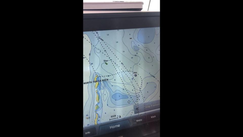 A photo of the GPS map purportedly showing the boat crash that killed Javier Perez on July 2, 2020, off the coast of Bimini. The photo was taken by Liz Alvarez, mother of Carolyn Alvarez, another passenger who was flung overboard. Her body has yet to be found.