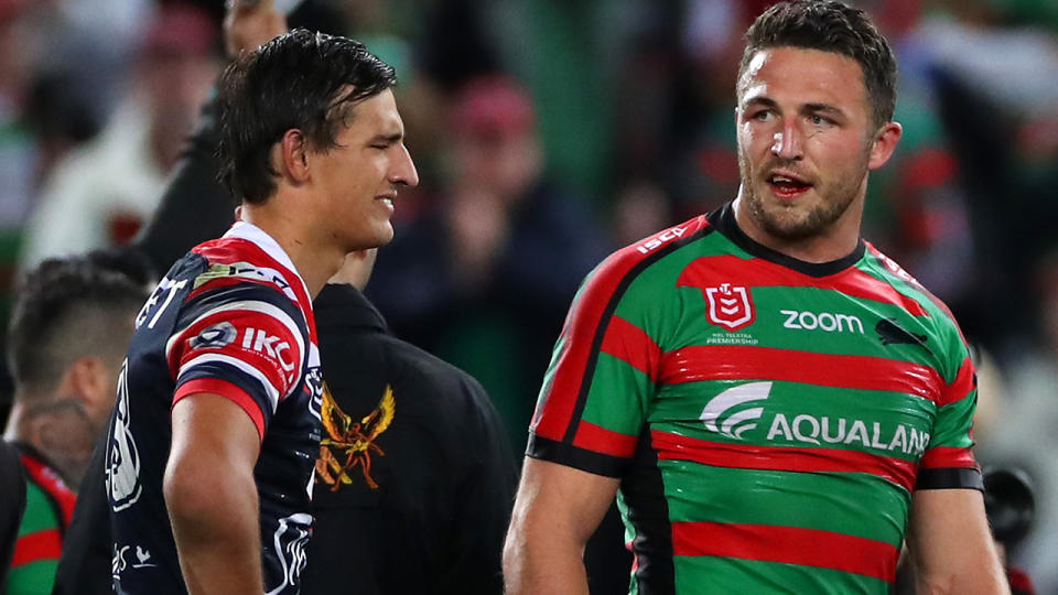 Sam Burgess and Billy Smith, pictured here after an NRL game in 2019.