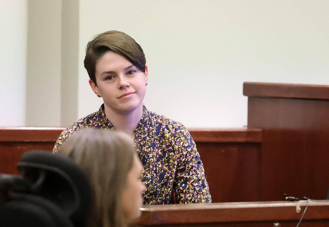 Alyssa Dean, Aaron Dean’s sister, gives testimony during the sentencing phase of her brother’s trial at Tarrant County’s 396th District Court on Friday, December 16, 2022, in Fort Worth. Dean was found guilty of manslaughter in the shooting death of Atatiana Jefferson in 2019.