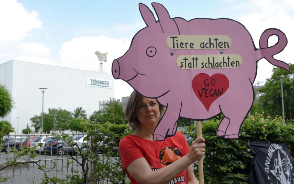 A demonstrator holds a sign that reads 'respecting animals instead of slaughtering them - go vegan' as she protests in front of the headquarters of abattoir company Toennies on June 20. The German army was there to establish a test center for the novel coronavirus.  - Ina FASSBENDER / AFP