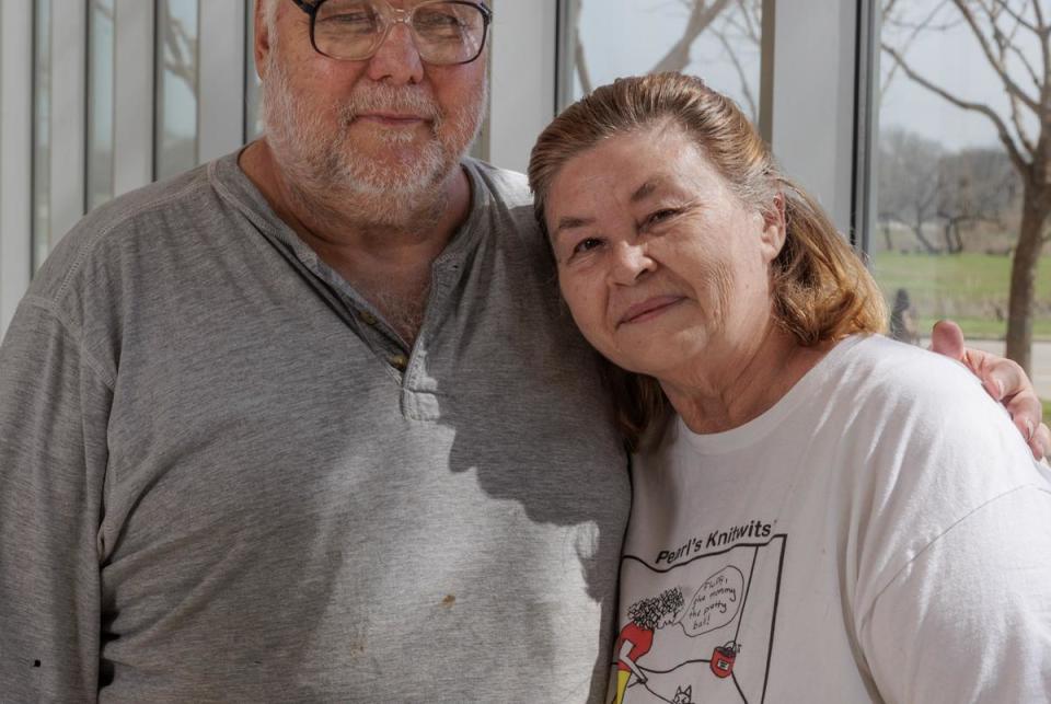 David and his wife Ella Sheffler pose for a portrait after voting at the Tarrant County College Southeast Campus polling location in Arlington on primary election day, March 5, 2024.