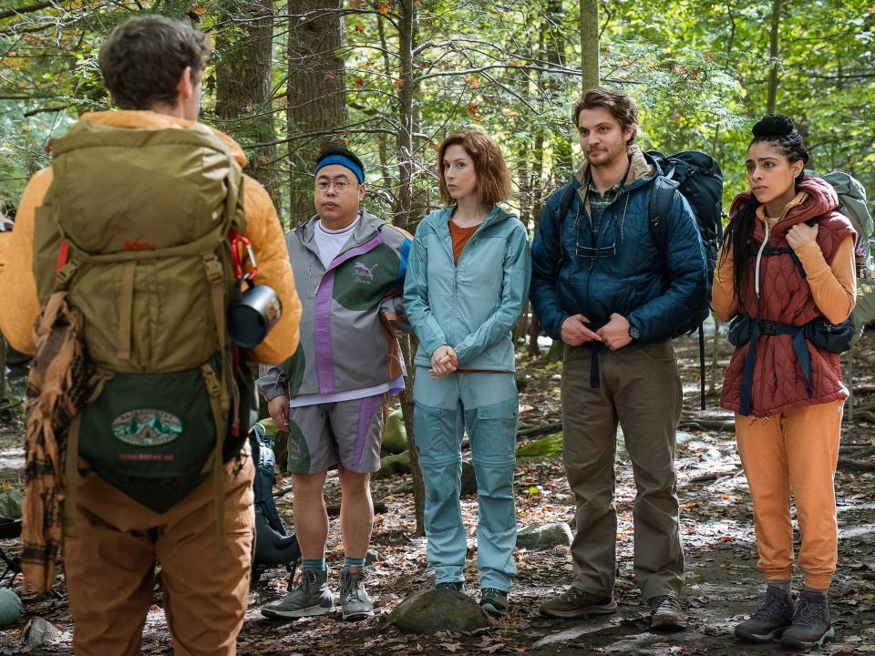 (L to R) Ben Cook as Beckett, Nico Santos as Hugh, Ellie Kemper as Helen, Luke Grimes as Jake and Shayvawn Webster as Windy