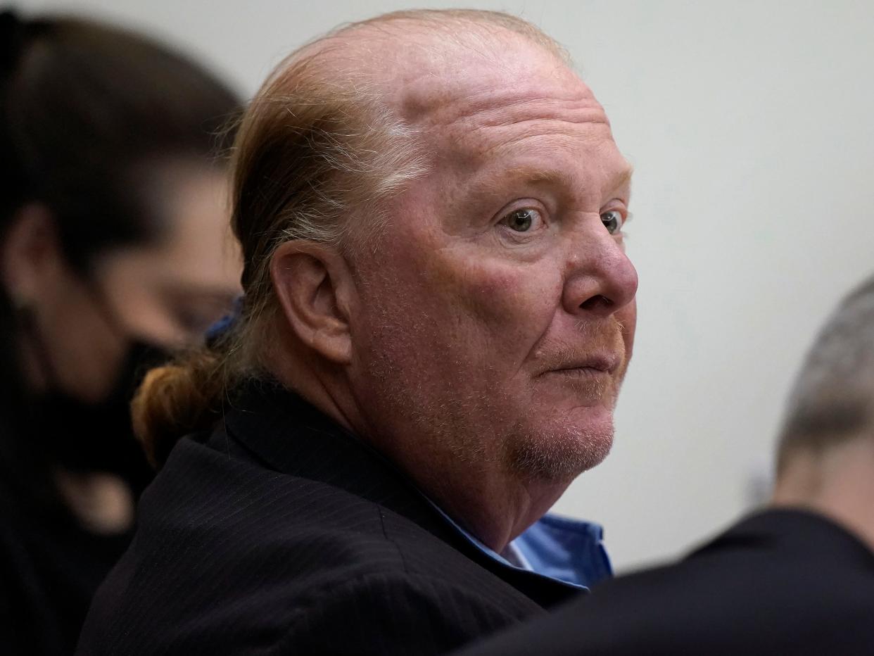 Mario Batali pictured on the opening day of his sexual misconduct trial in Boston on May 9, 2022.