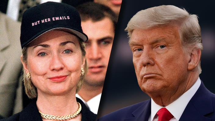 Split screen image with smirking Hillary Clinton wearing a black baseball cap with But Her Emails emblazoned across the front and an image of a somber-faced Donald Trump.