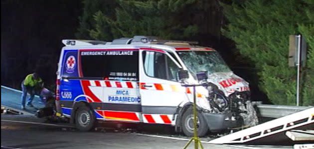 An ambulance was badly damaged in the horror head-on smash on the Nepean Highway. Photo: 7News