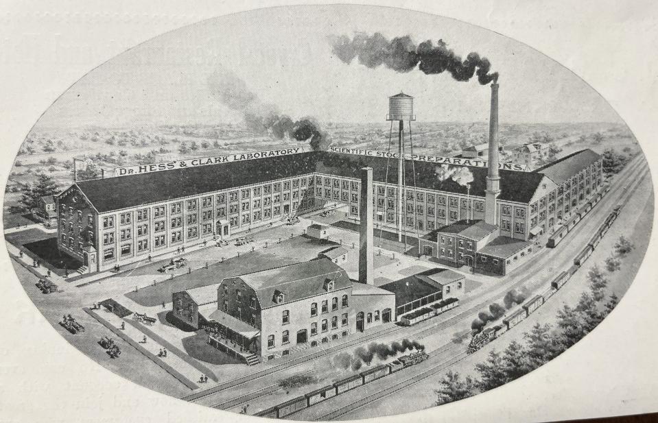 Pictured is a drawing of the Dr. Hess & Clark Laboratory from William Duff’s 1915 Centennial history of Ashland.