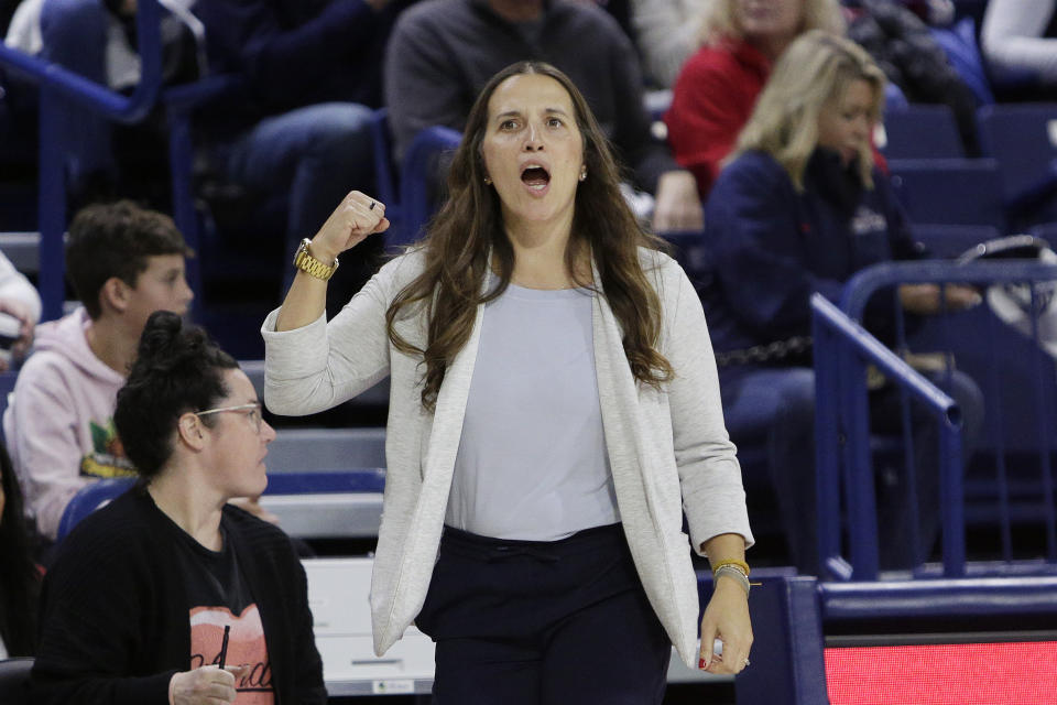 Gonzaga head coach Lisa Fortier directs her team during the first half of an NCAA college basketball game against Stanford, Sunday, Dec. 3, 2023, in Spokane, Wash. (AP Photo/Young Kwak)