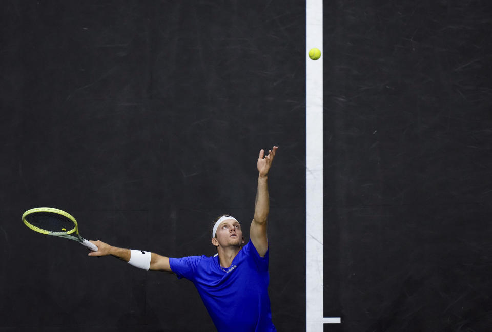 Team Europe's Alejandro Davidovich Fokina serves to Team World's Francisco Cerundolo during a Laver Cup tennis match Friday, Sept. 22, 2023, in Vancouver, British Columbia. (Darryl Dyck/The Canadian Press via AP)
