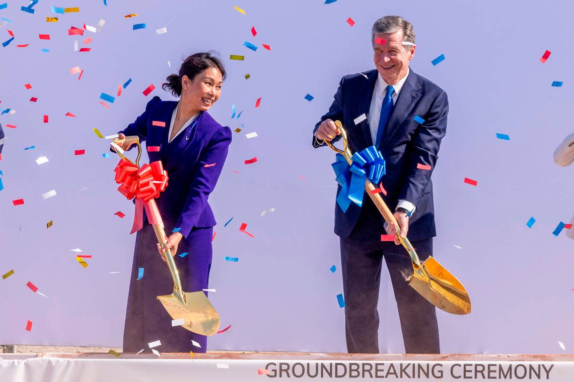 VinFast CEO Le Thi Thu Thuy and Gov. Roy Cooper participate in a a groundbreaking ceremony Friday, July 28, 2023 at the future site of a VinFast plant in Moncure.