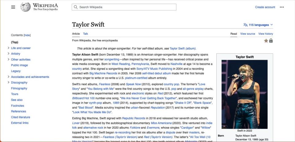 screenshot of Taylor Swift's Wikipedia page in the Wikipedia update including a search bar at the top and a table of contents on the left side