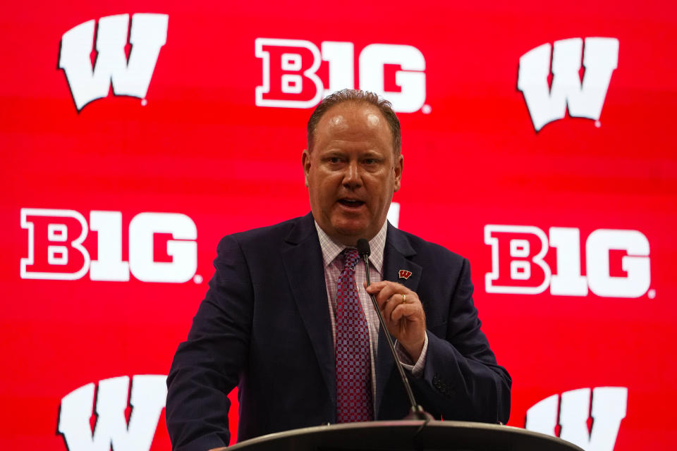 Wisconsin men's head coach Greg Gard speaks during the Big Ten NCAA college basketball media days in Indianapolis, Friday, Oct. 8, 2021. (AP Photo/Michael Conroy)
