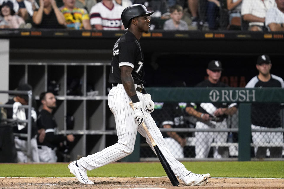 Chicago White Sox's Tim Anderson looks to the field after striking out swinging during the fourth inning of the team's baseball game against the New York Yankees in Chicago, Thursday, May 12, 2022. (AP Photo/Nam Y. Huh)