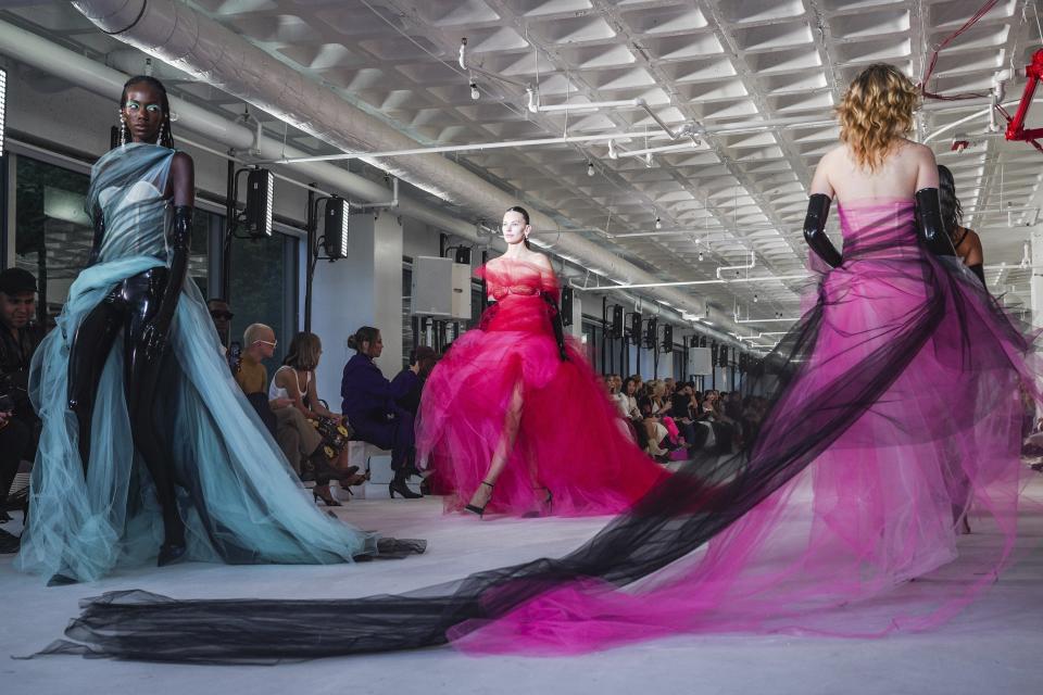 Fashion from the Prabal Gurung Spring Summer 2023 collection is modeled during Fashion Week, Saturday Sept. 10, 2022 in New York. (AP Photo/Bebeto Matthews)