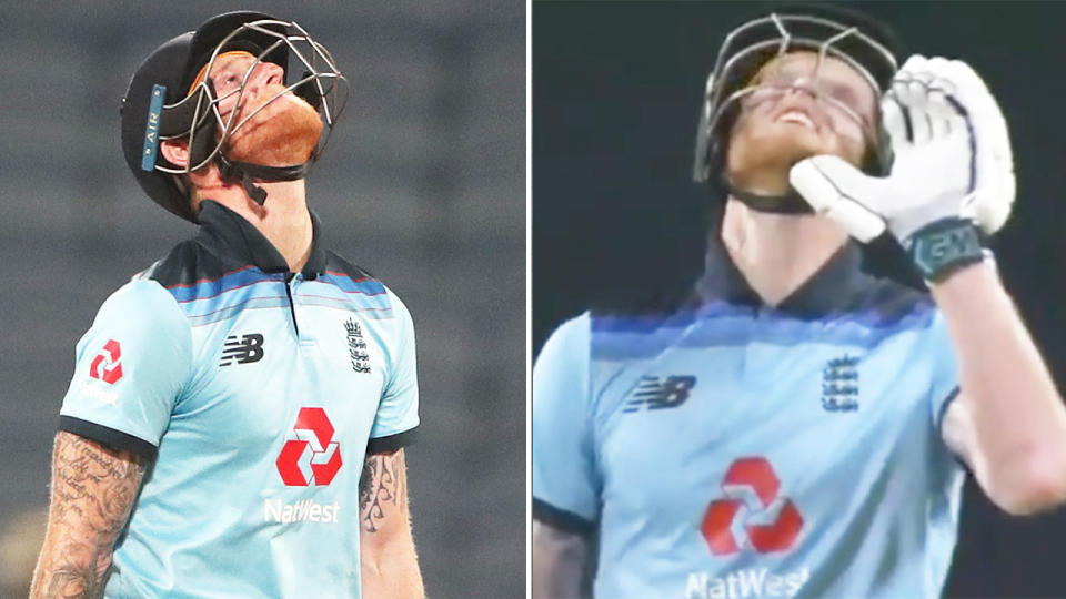 Ben Stokes (pictured) gestures to his late father after he was dismissed.