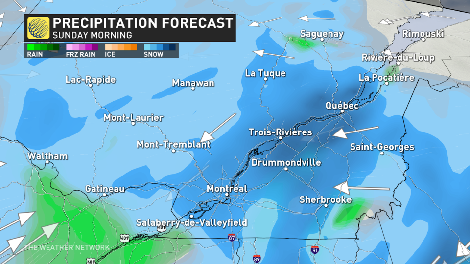 Quebec Sunday morning precipitation forecast. March 8, 2024