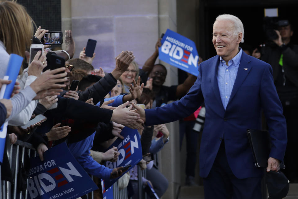 Democratic presidential candidate, former Vice President Joe Biden greets the crowd during a campaign rally Saturday, March 7, 2020, in Kansas City, Mo. (AP Photo/Charlie Riedel)