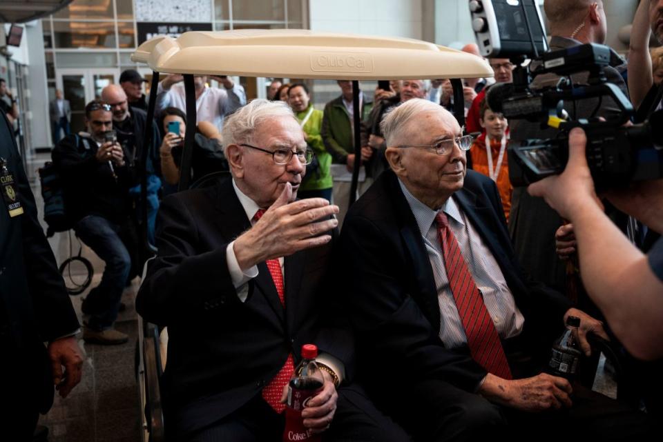 Warren Buffett (L), CEO of Berkshire Hathaway, and the late Charlie Munger in 2019. Munger, a key Berkshire executive, died in 2023. <p>JOHANNES EISELE/Getty Images</p>