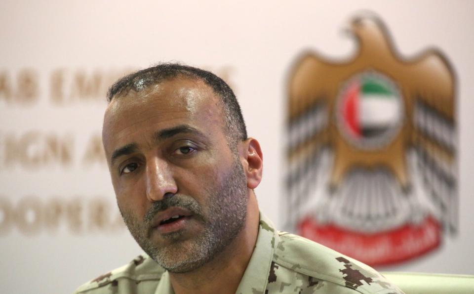 Emirati Brig. Gen. Musallam al-Rashedi speaks to journalists during a news conference regarding Yemen in Dubai, United Arab Emirates, Monday, Aug. 13, 2018. The United Arab Emirates on Monday described itself as actively fighting al-Qaida's branch in Yemen after an Associated Press report outlined how Emirati forces cut secret deals with the militants to get them to abandon territory. (AP Photo/Jon Gambrell)