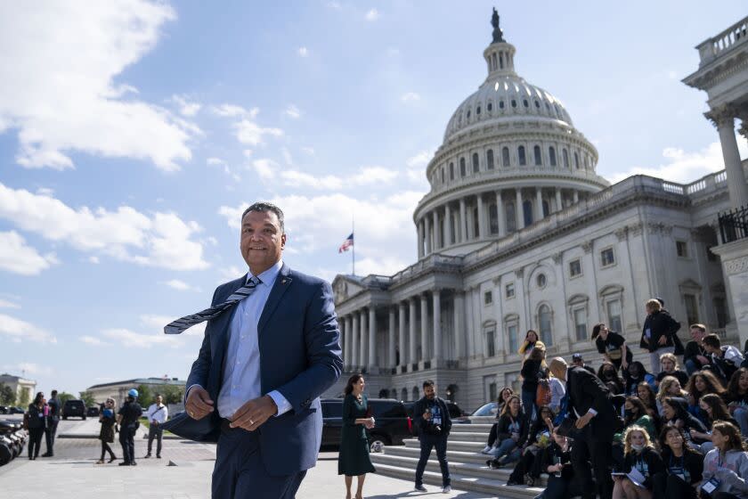 Sen. Alex Padilla after greeting students on a tour on the steps of the Senate on Capitol Hill on April 27, 2022.