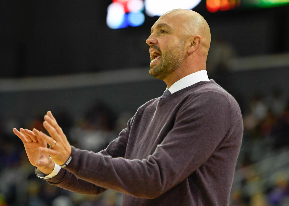 New Mexico Highlands head coach Craig Snow tells his team to settle down as the University of Evansville Purple Aces play the New Mexico Highlands Cowboys in a exhibition game at the Ford Center Saturday, November 3, 2018.