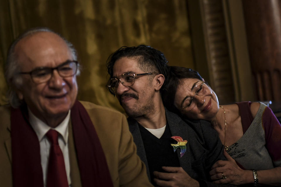 Jean Wyllys, center, at a conference titled "Why exile from Brazil today?" at the Casa do Alentejo in Lisbon on Feb. 27, 2019. (Photo: PATRICIA DE MELO MOREIRA via Getty Images)