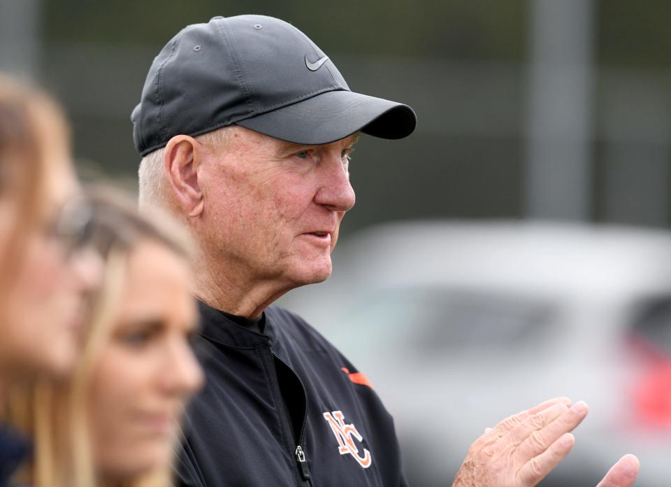 Hoover High School girls tennis coach Ryan Shaffer cheers on his team at Lake, Wednesday, Aug. 30, 2023.