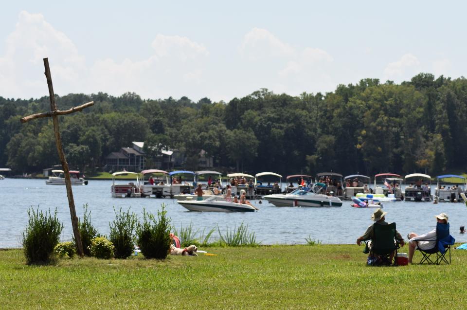 Boats line up on Lake Greenwood, South Carolina, to get a clear view of the sky ahead of the 2017 solar eclipse.