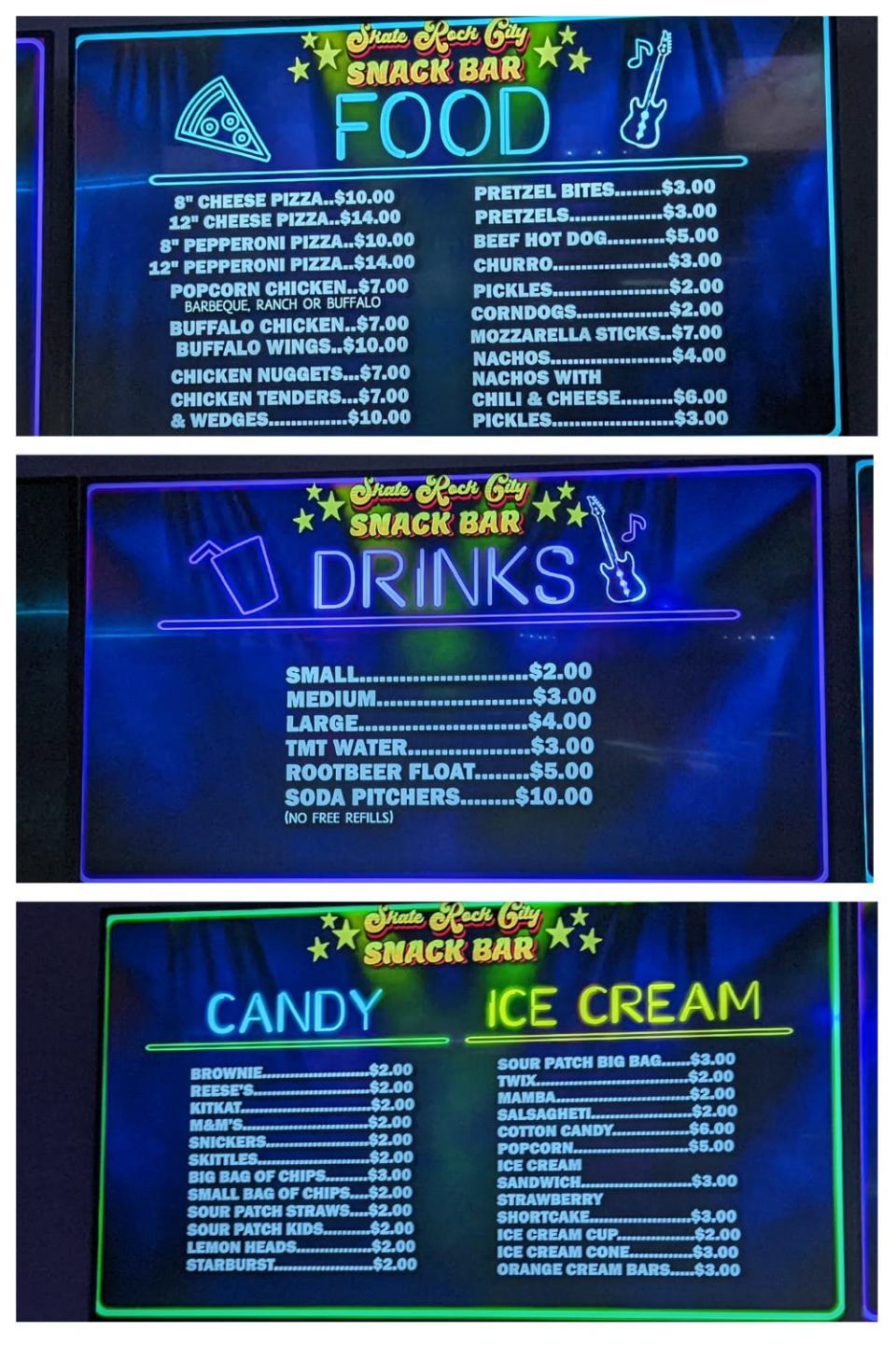 Skate Rock City menu.