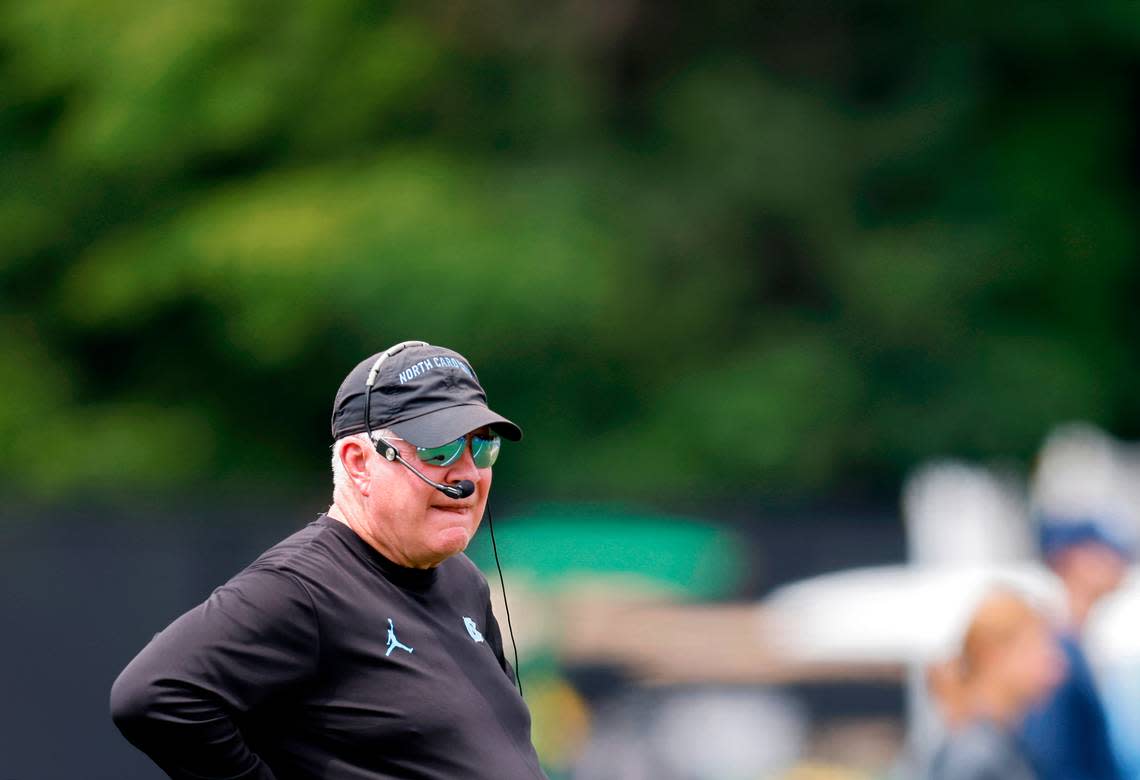 North Carolina head coach Mack Brown watches UNC’s first football practice of the season on Friday, July 29, 2022, in Chapel Hill, N.C.