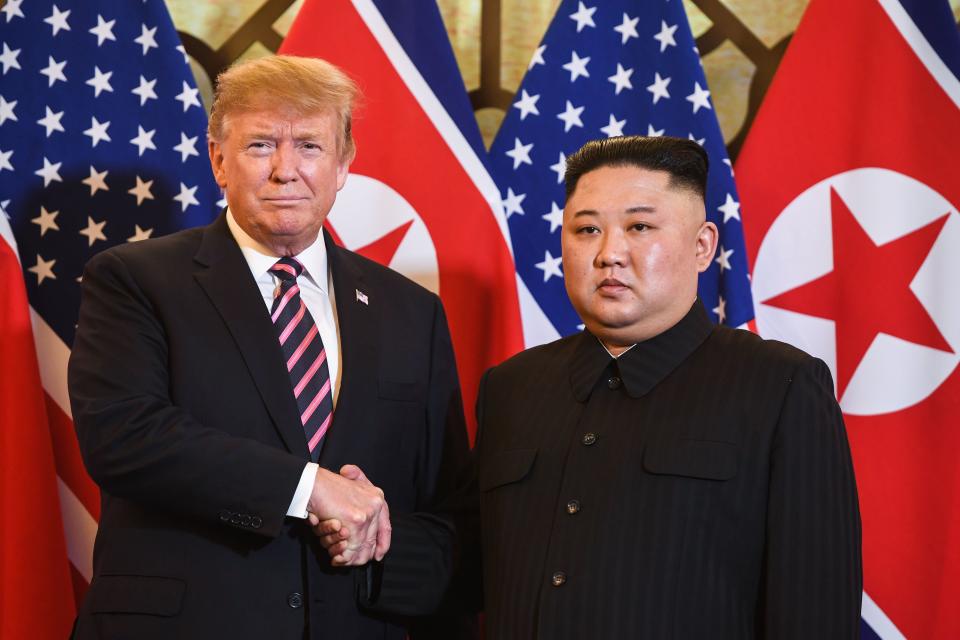 U.S. President Donald Trump shakes hands with North Korea's leader Kim Jong Un before a meeting at the Sofitel Legend Metropole hotel in Hanoi on Feb. 27, 2019. (Photo: Saul Loeb/AFP/Getty Images)