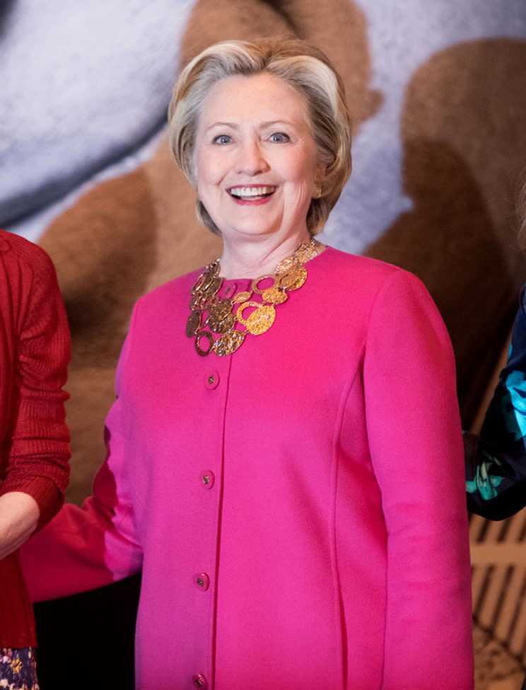 Hillary Clinton attends the Oscar de la Renta Forever Stamp dedication ceremony at Grand Central Terminal on Feb. 16 in New York City. (Photo by Noam Galai/WireImage)