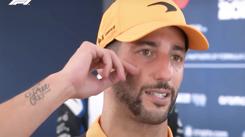 Daniel Ricciardo is pictured answering questions in his post-race interview at the United States GP.