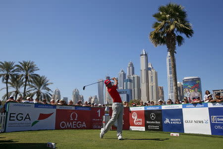 Rafa Cabrera-Bello of Spain tees off on the first hole during the Dubai Desert Classic golf championship February 6, 2016. REUTERS/Ahmed Jadallah