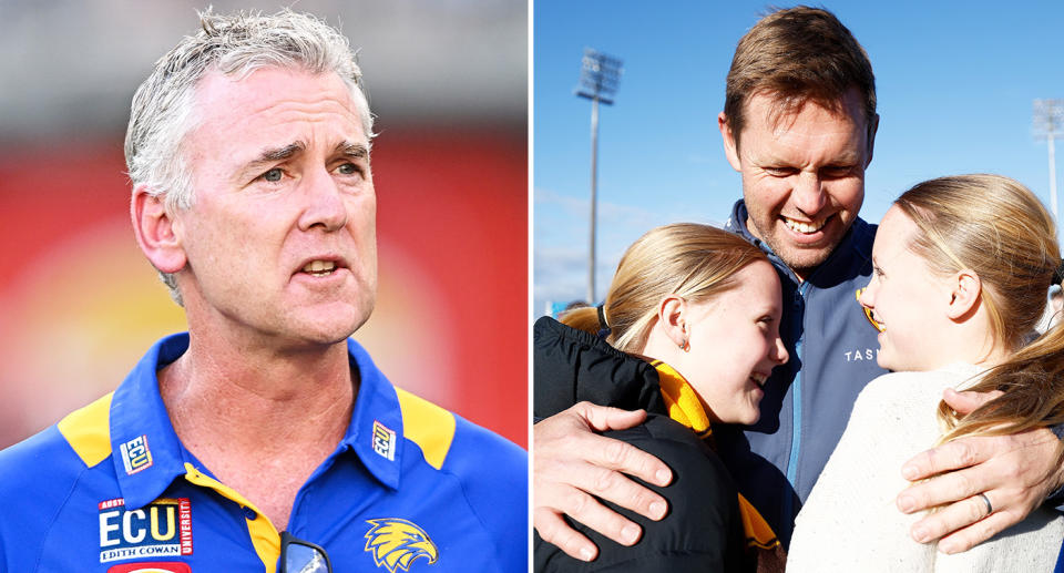 Pictured Sam Mitchell with his kids right and West Coast Eagles coach Adam Simpson left