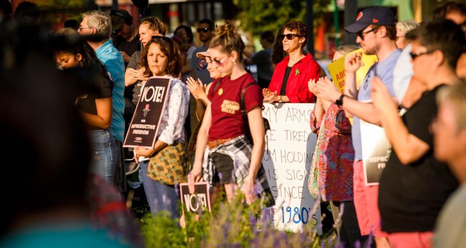 Beth Cate holds a sign at the Monroe County Courthouse on Wednesday, Sept. 14, 2022 during the We Are Hoosiers: A Vigil for Reproductive Freedom demonstration before the near total abortion ban goes into effect on Sept. 15, 2022.