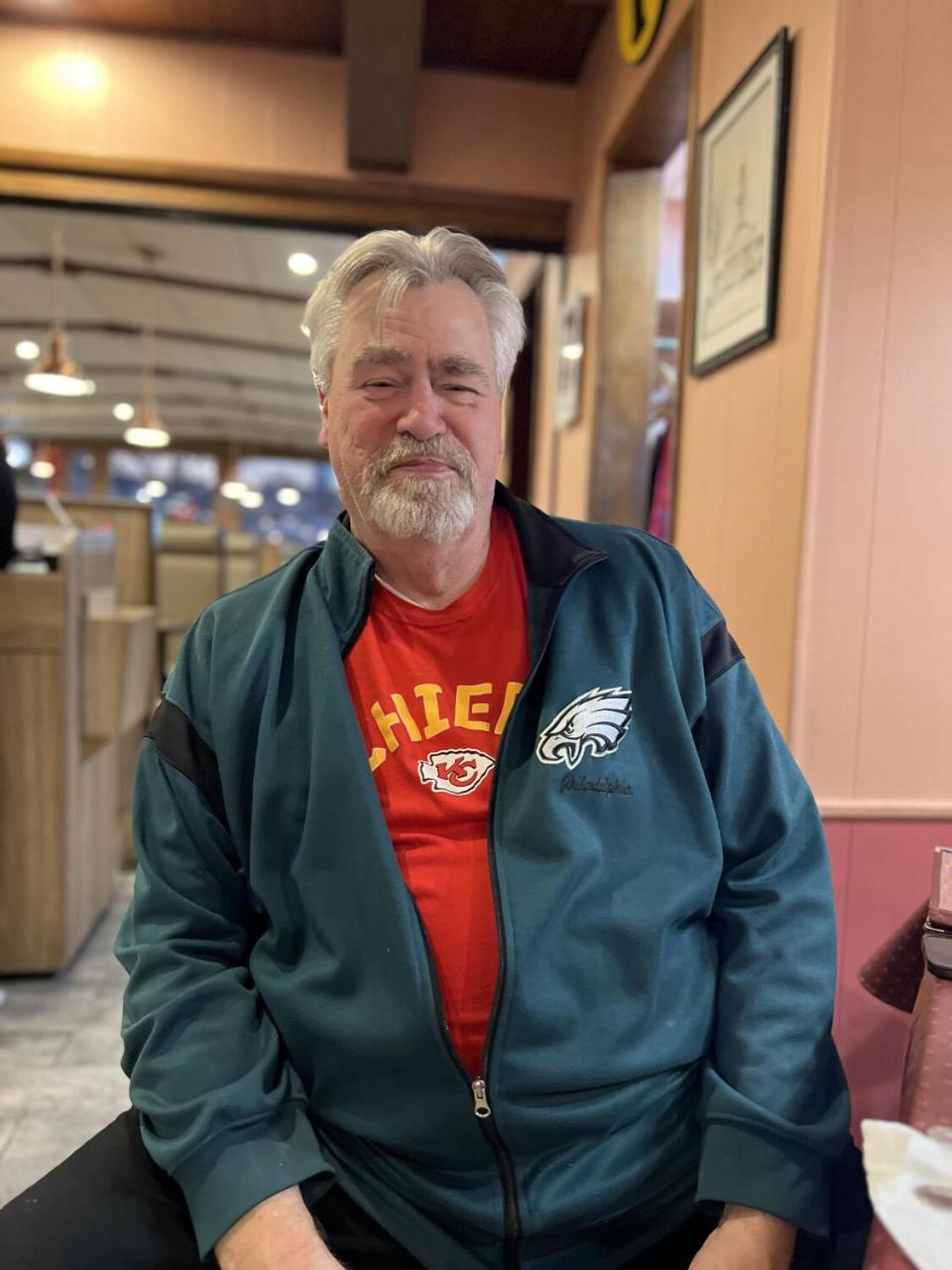 Ed Kelce, father of the Chiefs' Travis and the Eagles' Jason, supports both his sons even in clothing.