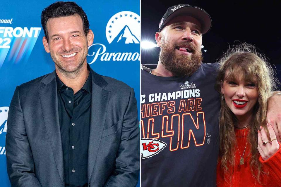 <p>Roy Rochlin/FilmMagic; Patrick Smith/Getty Images</p> Tony Romo; Travis Kelce and Taylor Swift