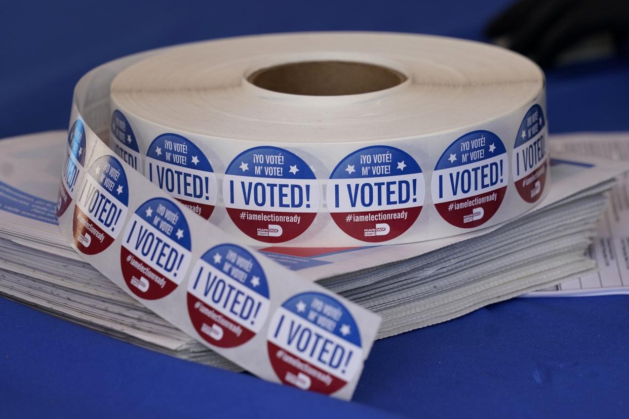 "I voted" stickers, another sign of the upcoming primary elections, which sometimes includes unwanted information about voting.  (AP Photo/Lynne Sladky)