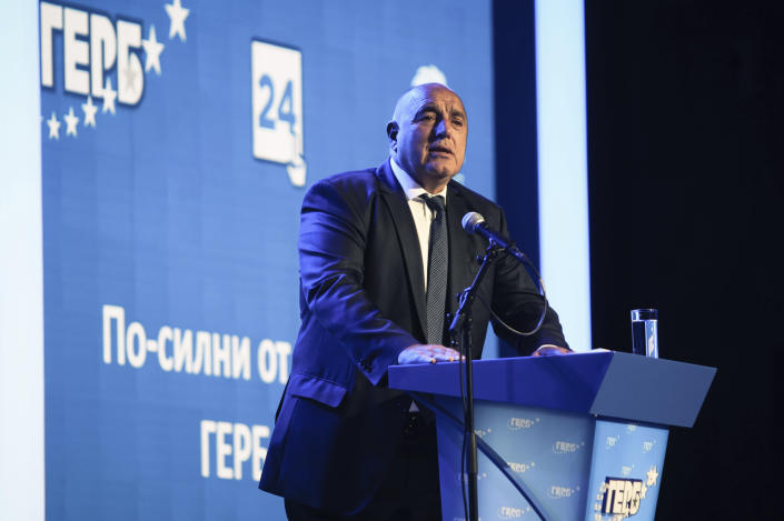 Ex-Prime Minister Boyko Borissov talks to his supporters during election campaign event in Sofia, Sunday, Sept. 25, 2022. Bulgarians will go to the polls for the fourth time in less than two years in a general election overshadowed this time by the war in Ukraine, by rising energy costs and a galloping inflation. (AP Photo/Valentina Petrova)